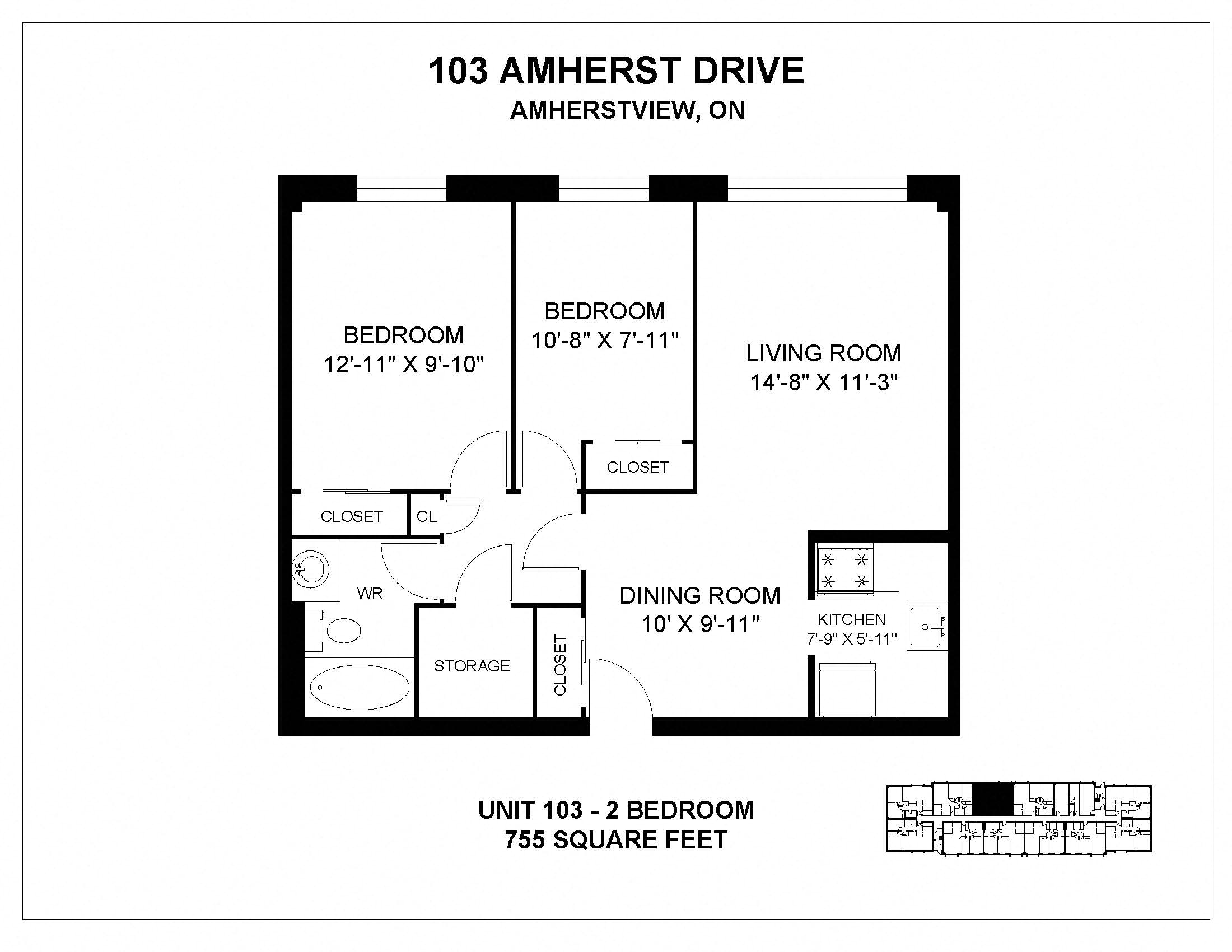 Floor plan for 2 beds, 1 bath, 755 sqft